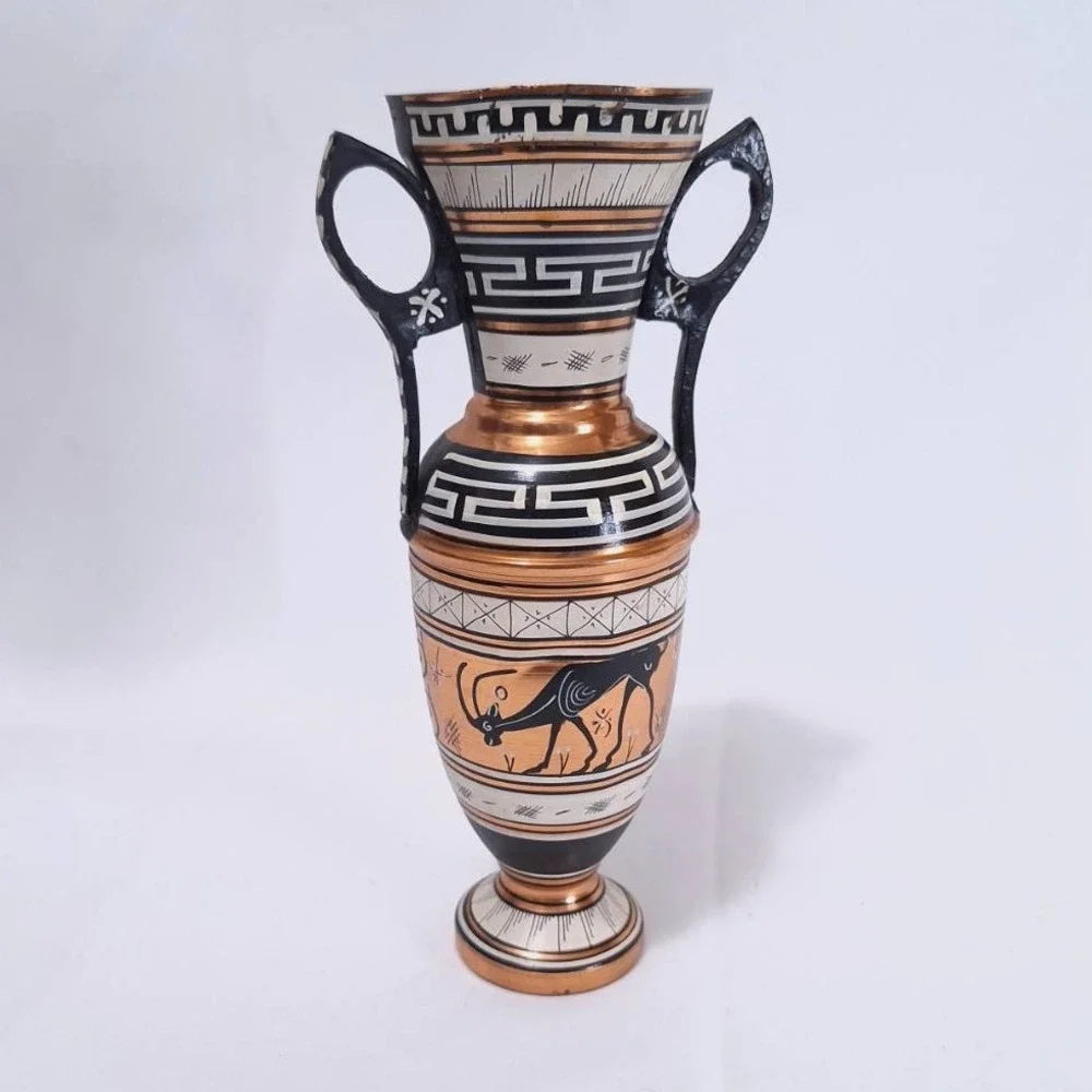Vintage Greek Copper Vase Urn Amphora Double Handle Hand Painted‎ Deer, 9